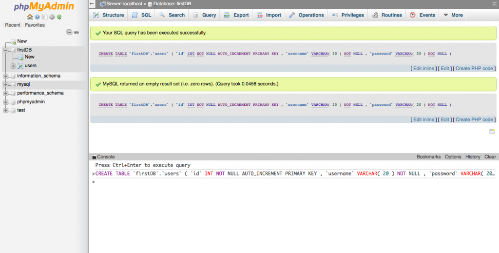 Màn hinh quản lý database trong phpMyAdmin