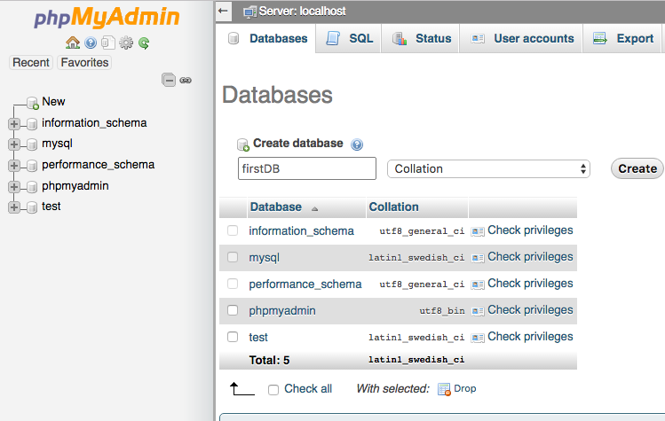 Trang thiết lập database với phpMyAdmin