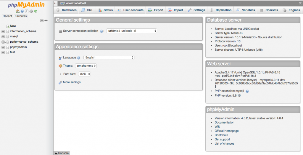 Công cụ phpMyAdmin đã chạy thành công