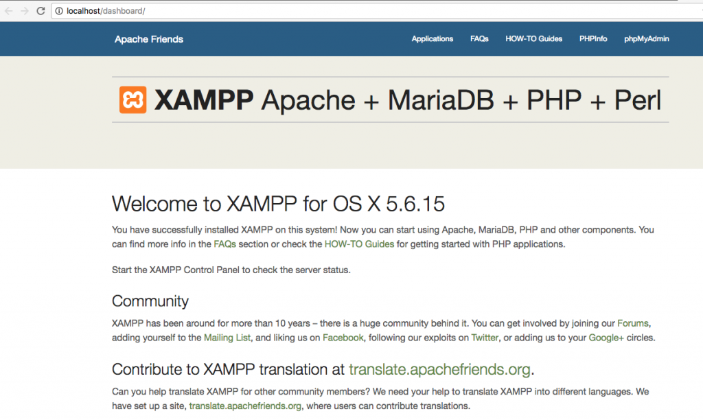 Trang chào mừng mặc định của XAMPP