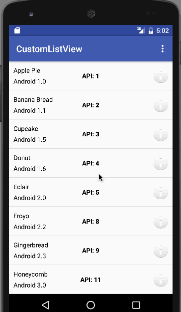 Ứng dụng dùng Custom Adapter cho ListView trong Android lúc chạy