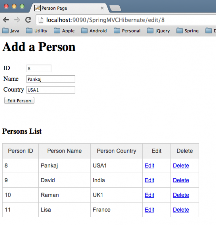 Hình trang view của ứng dịch tích hợp Spring MVC, Hibernate, và MySQL