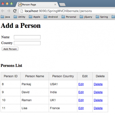 Hình trang view của ứng dịch tích hợp Spring MVC, Hibernate, và MySQL