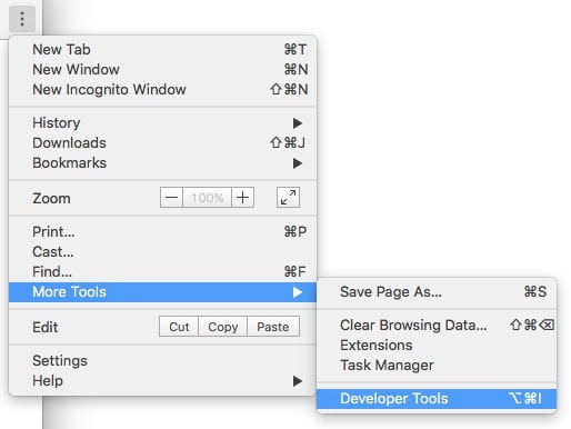 chrome developer console tools menu.