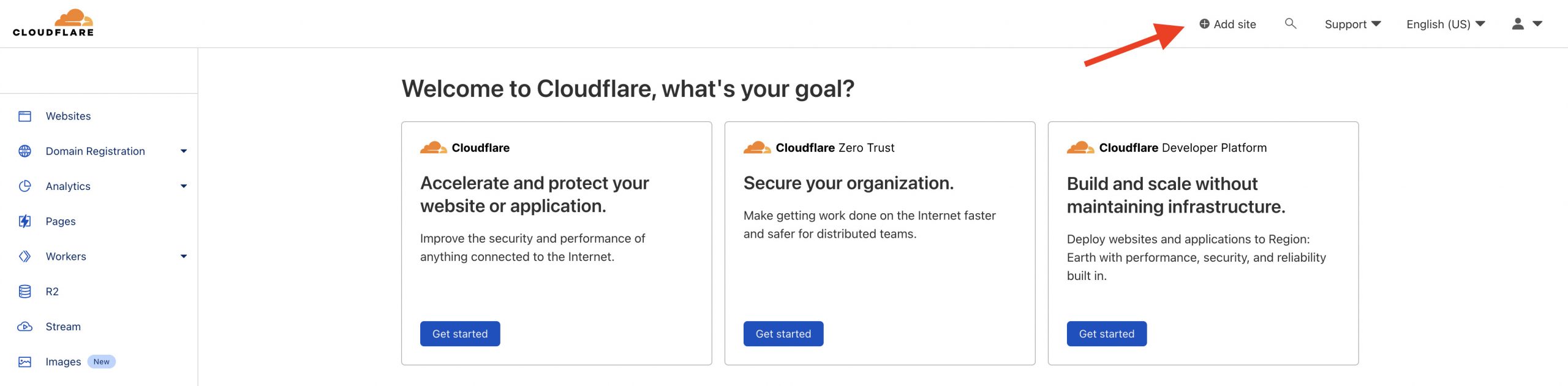 cloudflare add site button
