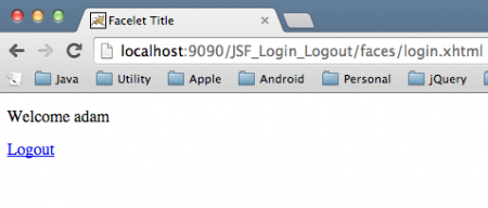 Trang đăng nhập thành công của ứng dụng xác thực người dùng với JSF