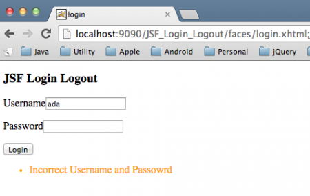 Trang lỗi ứng dụng xác thực người dùng với JSF