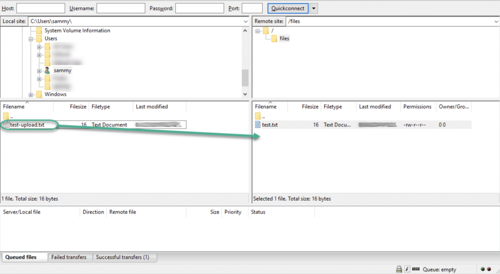 Giao diện quản lý file trên FileZilla