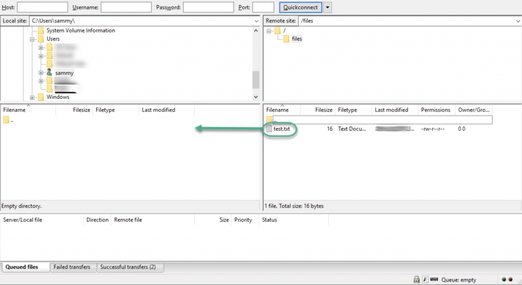 Giao diện quản lý file trên FileZilla